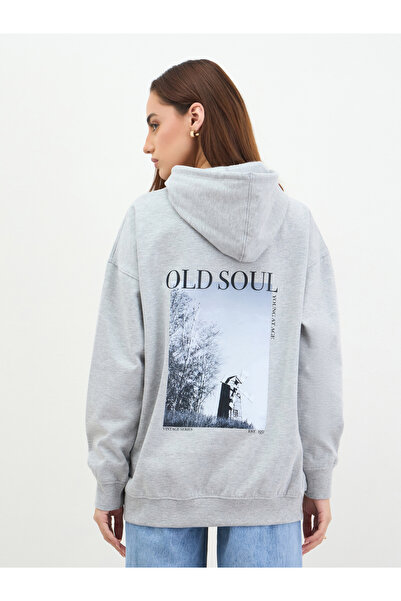 Styli Grey Graphic Print Longline Hoodie
