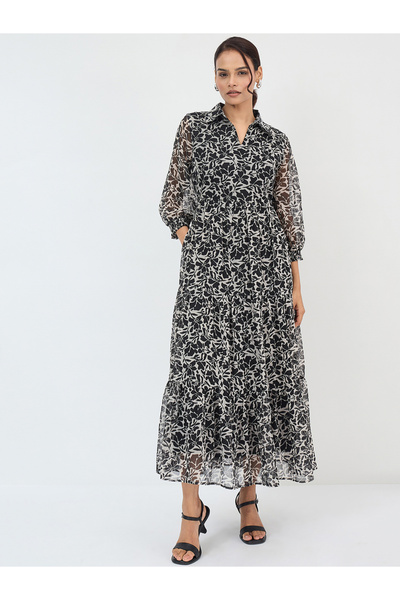 Styli Black and White Floral Print Tiered Maxi Dress