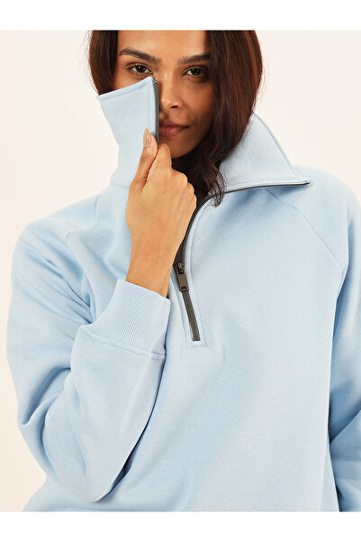 Femmella By Styli Sky Blue Half Zipper Fleece Sweatshirt