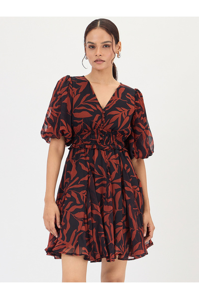 Styli Black and Brown Leaf Printed Puff Sleeve Mini Dress