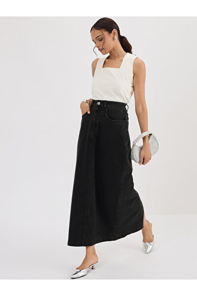 Femmella By Styli Black Denim A-Line Maxi Skirt