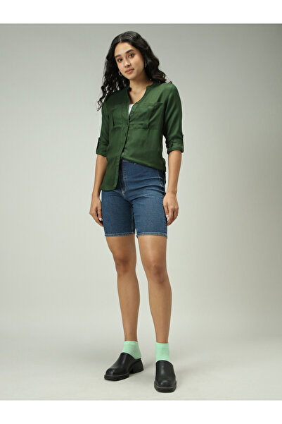 Outzidr By Styli Olive Solid Shirt with Roll-Up Sleeves