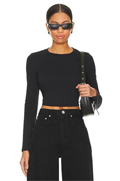 bysoca بلوزة نسائية سوداء بياقة دائرية وأكمام طويلة من قماش ساندي المرن، بلوز...