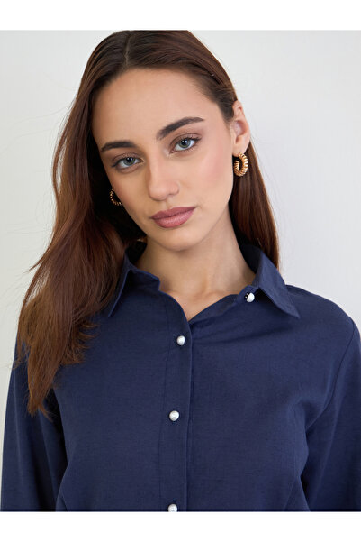 Styli Navy Regular Fit Shirt with Pearl Buttons