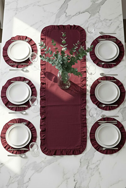 YUNUSOĞLU HOME Burgundy (Red) Ruffled Runner and Placemat Set - Tablecloth Set 7 Pieces 150X50