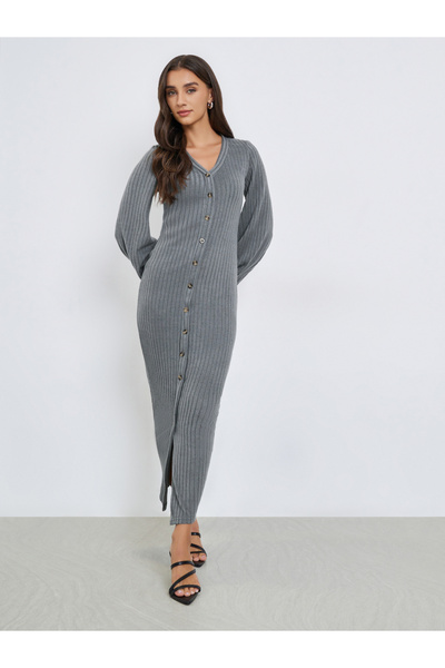Styli Grey Ribbed Balloon Sleeve V-Neck Midi Dress