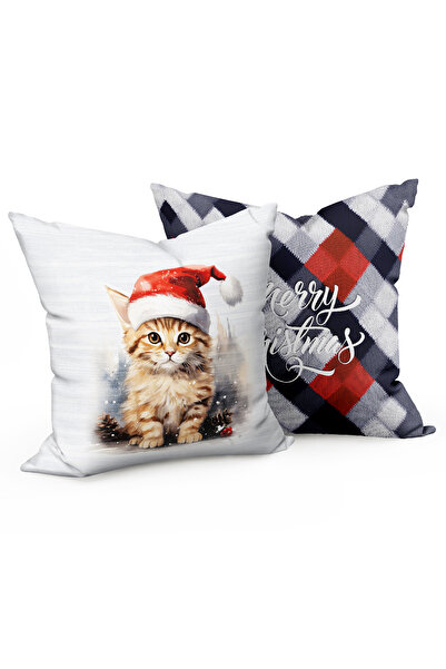 CANİLA Christmas Hat Kitten Pattern Throw Pillow Cover Double-Sided Suede Thr...