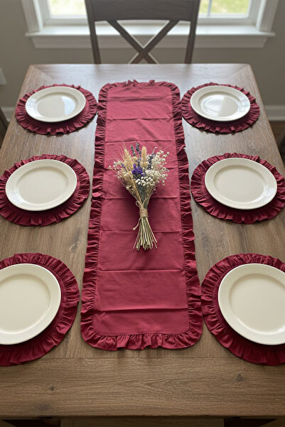 YUNUSOĞLU HOME Burgundy (Red) Ruffled Runner and Placemat Set - Tablecloth Set 7 Pieces 150X50