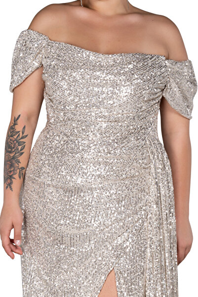 Arden Plus Size Evening Dress, Sequin Sequin Boat Neck, Wedding with Slit, Engagement Junior Evening Dress, Graduation Dress, 42-50