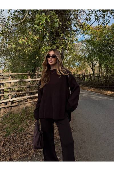 Laluvia Brown Crew Neck Knitwear Set - 4587