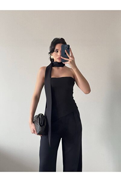 LOCH BUTİK Women's Black Shawl Bustier Pants Two-Piece Set