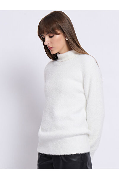 Femmella By Styli White Fuzzy High Neck Sweater