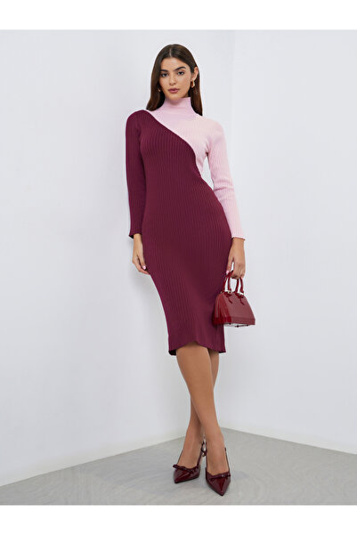 Styli Burgundy Color Block Sweater Midi Dress