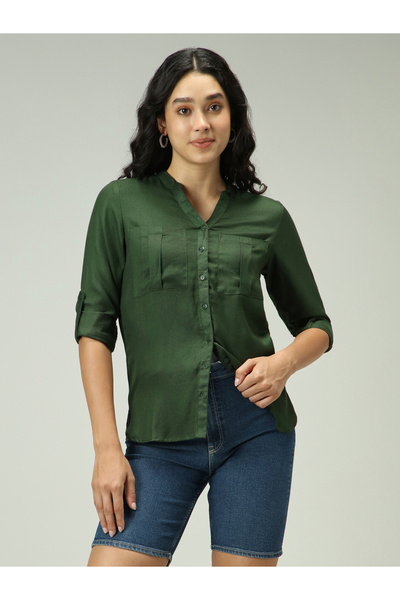 Outzidr By Styli Olive Solid Shirt with Roll-Up Sleeves