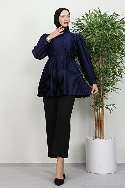 Lamia Giyim Altı Piliseli Gömlek Lacivert