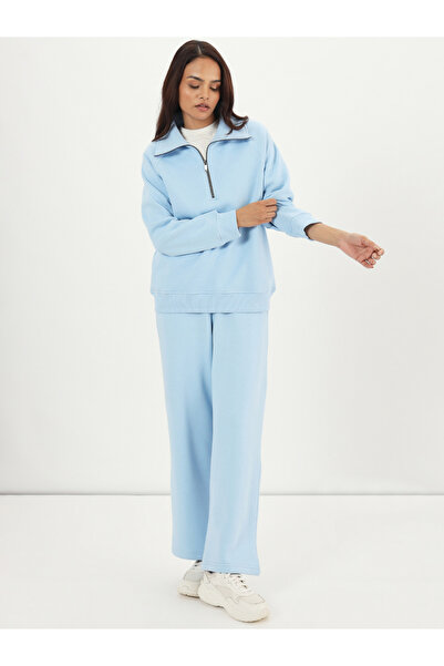 Femmella By Styli Sky Blue Half Zipper Fleece Sweatshirt