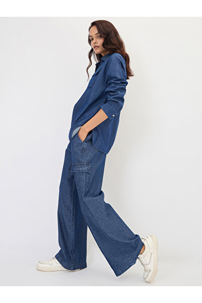 Femmella By Styli Navy Denim Wide Leg Cargo Trousers