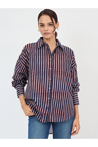 Femmella By Styli Navy Cotton Stripe Oversized Shirt
