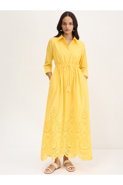 Styli Yellow Schiffli Hem Maxi Shirt Dress