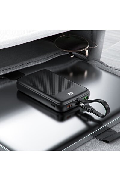 Acefast Εξωτερική μπαταρία 10000mAh, ενσωματωμένο καλώδιο, USB + Type-C, PD22.5W, οθόνη LED, μαύρο