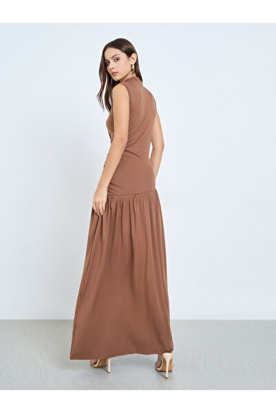 Take Two By Styli Solid High Neck Neck Ruffled Waist Sleeveless Maxi Dress