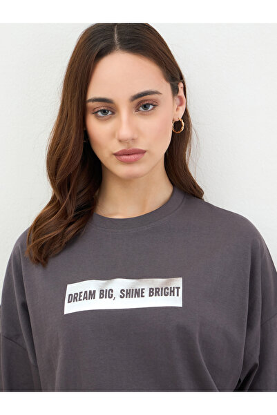 Styli Charcoal Slogan Print Oversized T-Shirt