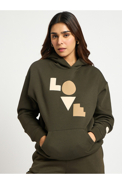Femmella By Styli Olive Oversized Graphic Hoodie