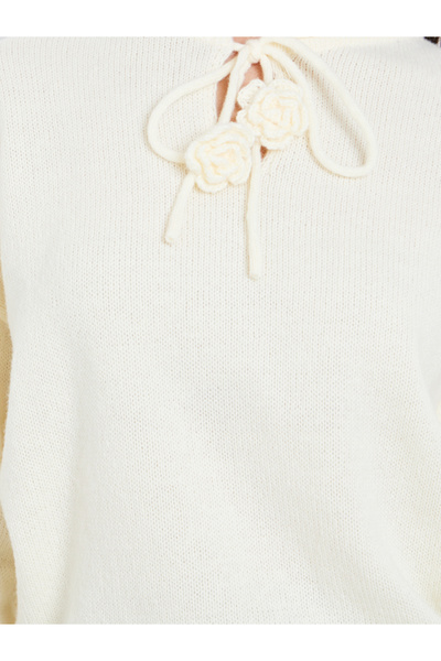 Take Two By Styli Solid Tie-Up Neck Flower Detail Sweater