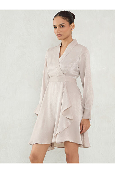 Styli Beige Satin Wrap Mini Dress