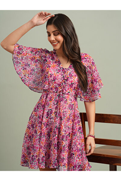 Globus By Styli Floral Print V-Neck Flared Sleeves Mini Dress