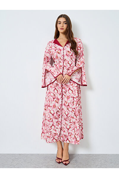 Take Two By Styli All-Over Printed V Neck Split Long Sleeve Maxi Dress