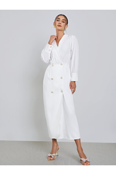 Styli White Sheath Midi Dress with V Neck