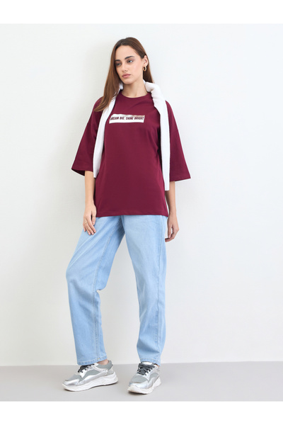 Styli Burgundy Slogan Print Oversized T-Shirt