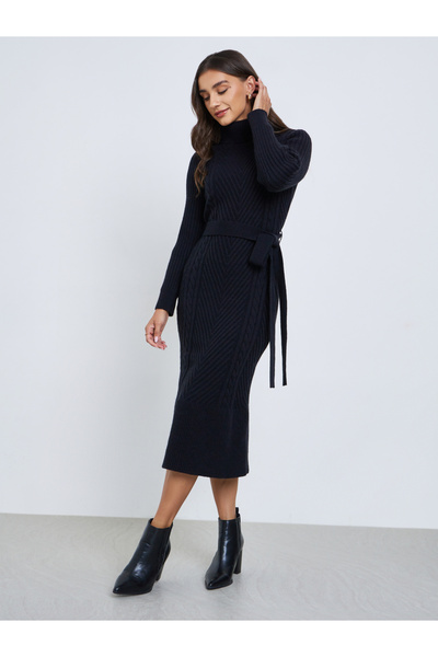 Styli Black Ribbed Knit Sweater Midi Dress with Belt