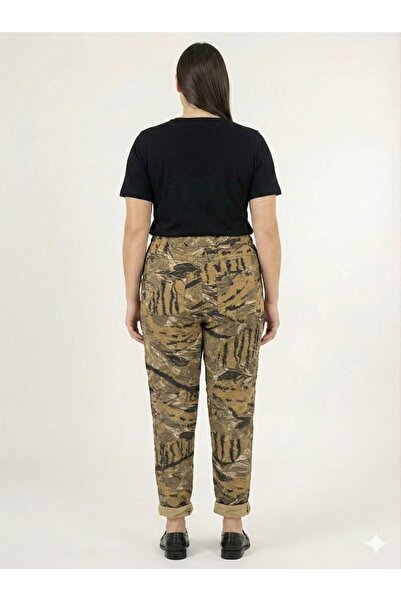 della moor Women's Camel Italian Feather Patterned L Stretch Fabric Elastic Waist Narrow Leg Pants 40 - 48 Size