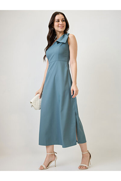 Globus By Styli Women Blue One Shoulder Side Slit A-Line Maxi Dress