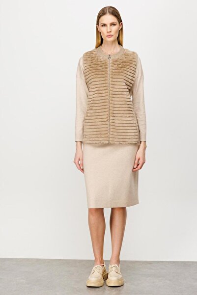 Nazen Giyim Zero collar pocket beige women's vest 20053-2k5