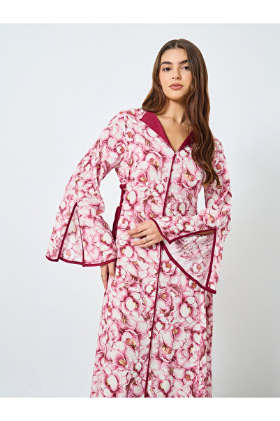 Take Two By Styli All-Over Printed V Neck Split Long Sleeve Maxi Dress