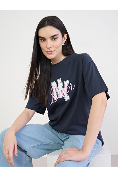 Styli Navy Blue Embroidered Slogan T-Shirt