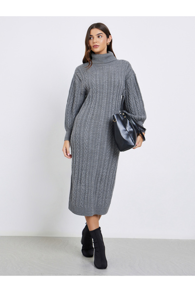 Styli Grey Cable Knit Sweater Midi Dress