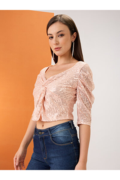 Globus By Styli Women Beige Sweetheart Neck Sleeves Sequined Crop Top