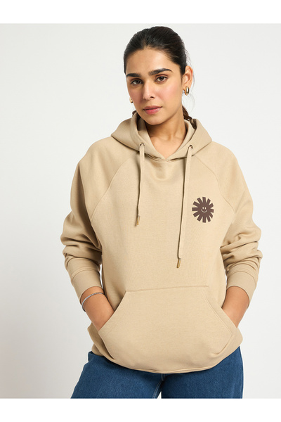 Femmella By Styli Beige Oversized Raglan Sleeve Graphic Hoodie