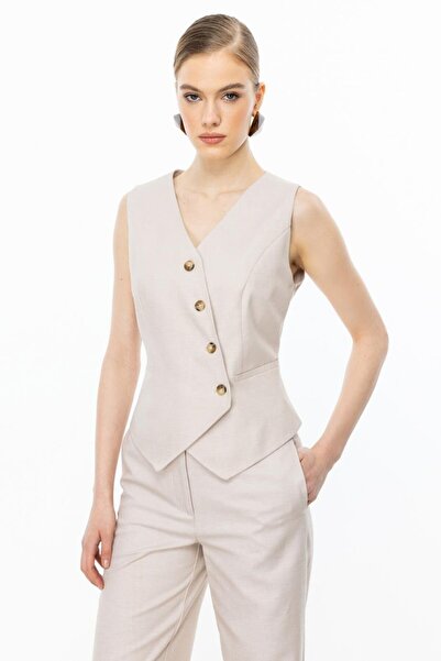 Nazen Giyim Cross Buttoned Sleeveless Beige Women's Vest 4078-2Y5