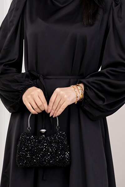 Sevitli Βραδινό φόρεμα με κορδόνι στη μέση και μανίκια μπαλόνι-ΜΑΥΡΟ