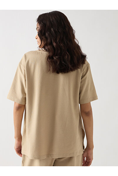 Femmella By Styli Beige Cotton Short Sleeve Knit T-Shirt