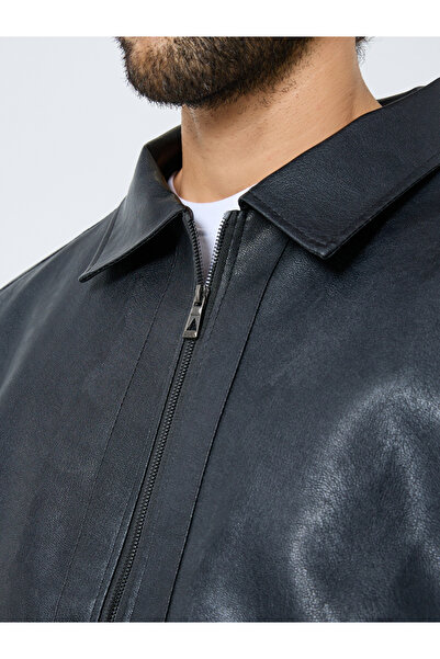 Styli Men Relaxed Fit Leather Look Jacket with Collar