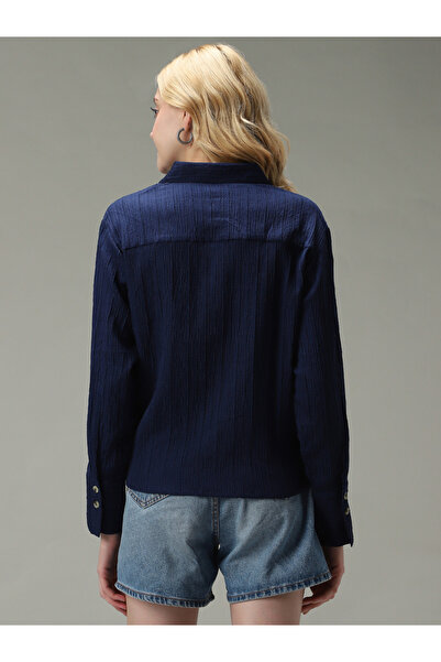 Outzidr By Styli Navy Blue Side Button Detail Textured Shirt