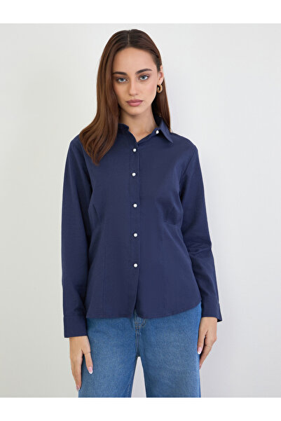 Styli Navy Regular Fit Shirt with Pearl Buttons