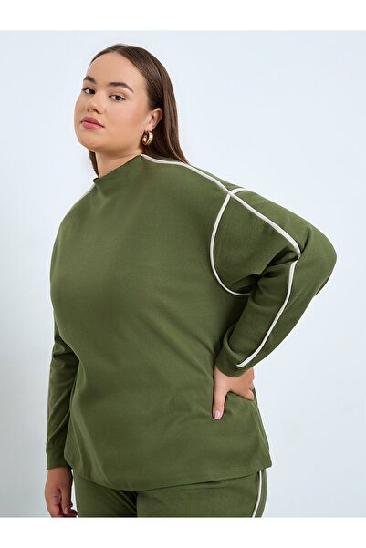 Styli Plus Size Green Funnel Neck Sweatshirt