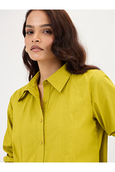 Femmella By Styli Citrine Green Poplin Pleated A-Line Shirt